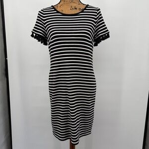 Talbots Resort Striped Knit‎ Dress Tassel Sleeves Black White Sz MP Beach Travel